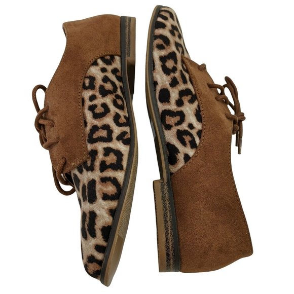 Qupid Girl's Brown Black Suede Leopard Print Lace Up Low Top Oxford Shoes Size 6 - Picture 8 of 10